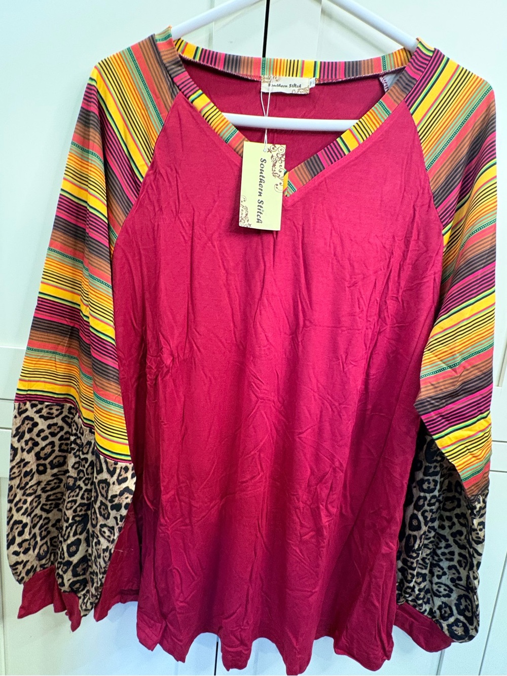 Fuchsia Raglan Tunic with Colorful Stripe Shoulders & Leopard Cuffs